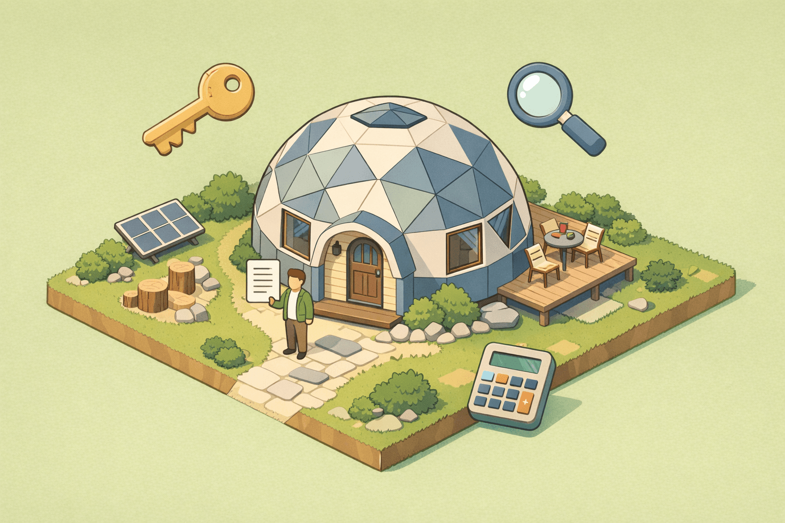 A geodesic dome home on a large parcel of land with document and key icons representing an FHA loan closing process.