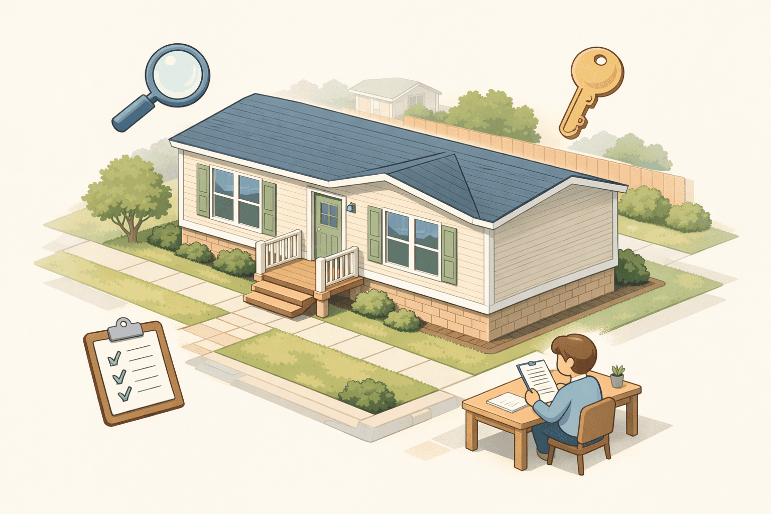 A manufactured home on a permanent foundation with document and key icons representing FHA loan closing costs