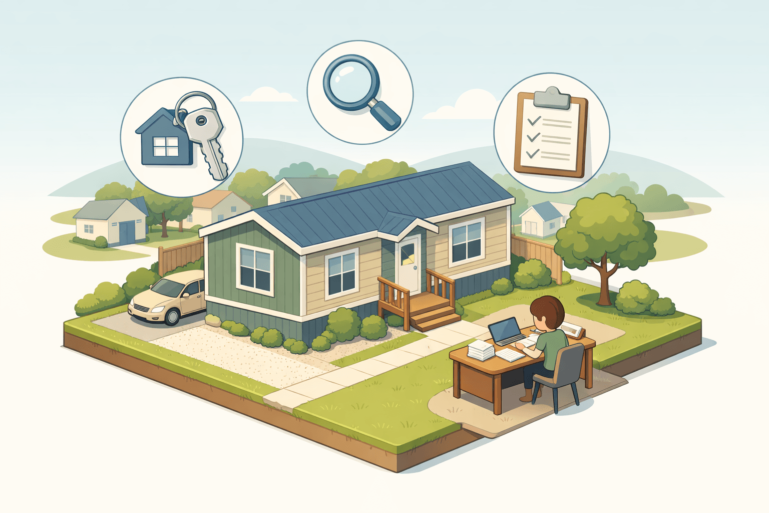 A manufactured home with land and a person reviewing closing cost documents at a nearby desk
