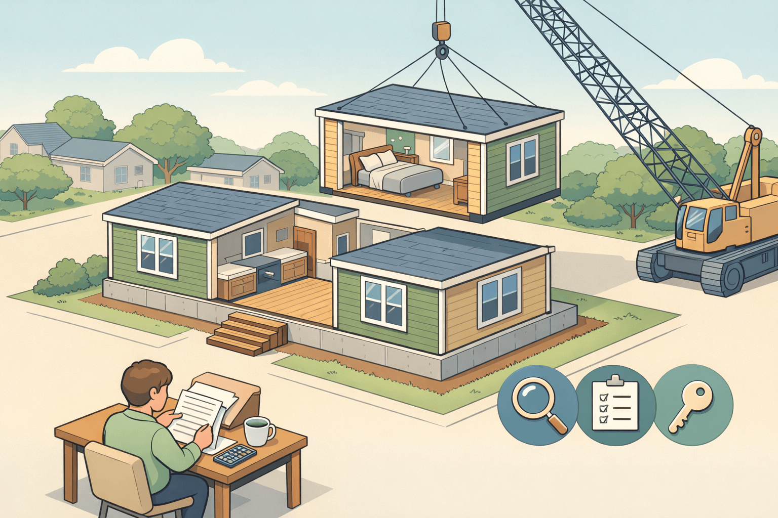 A modular home on a permanent foundation with a buyer reviewing FHA loan closing documents nearby
