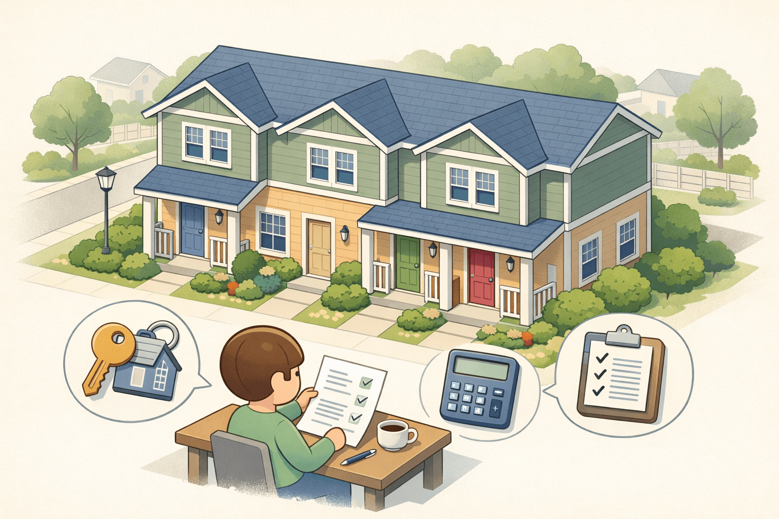 Isometric scene of a multi-family residential building with a person reviewing closing documents at a nearby desk