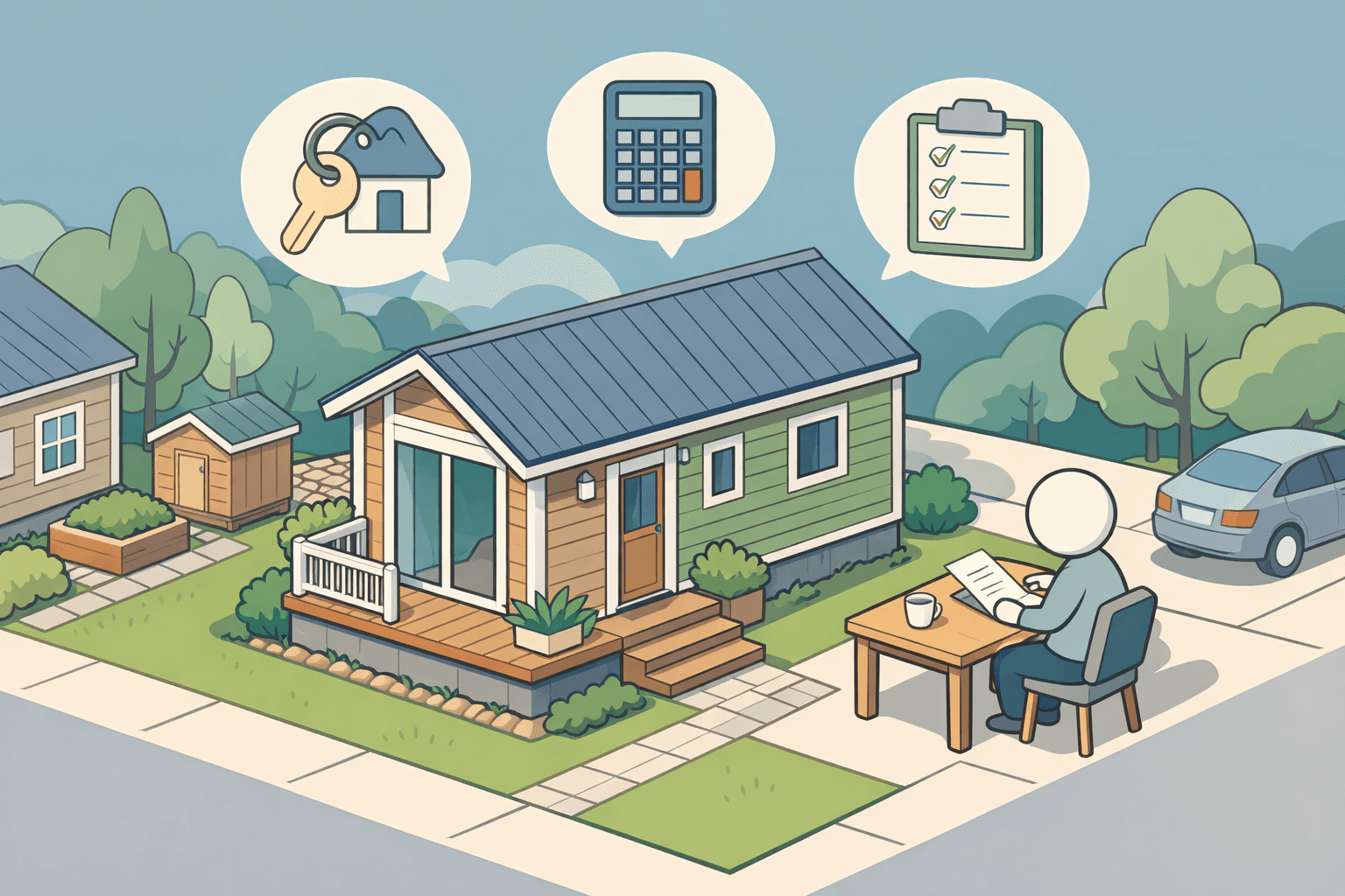 A tiny home on a permanent foundation with a person reviewing closing documents nearby, surrounded by financial icons