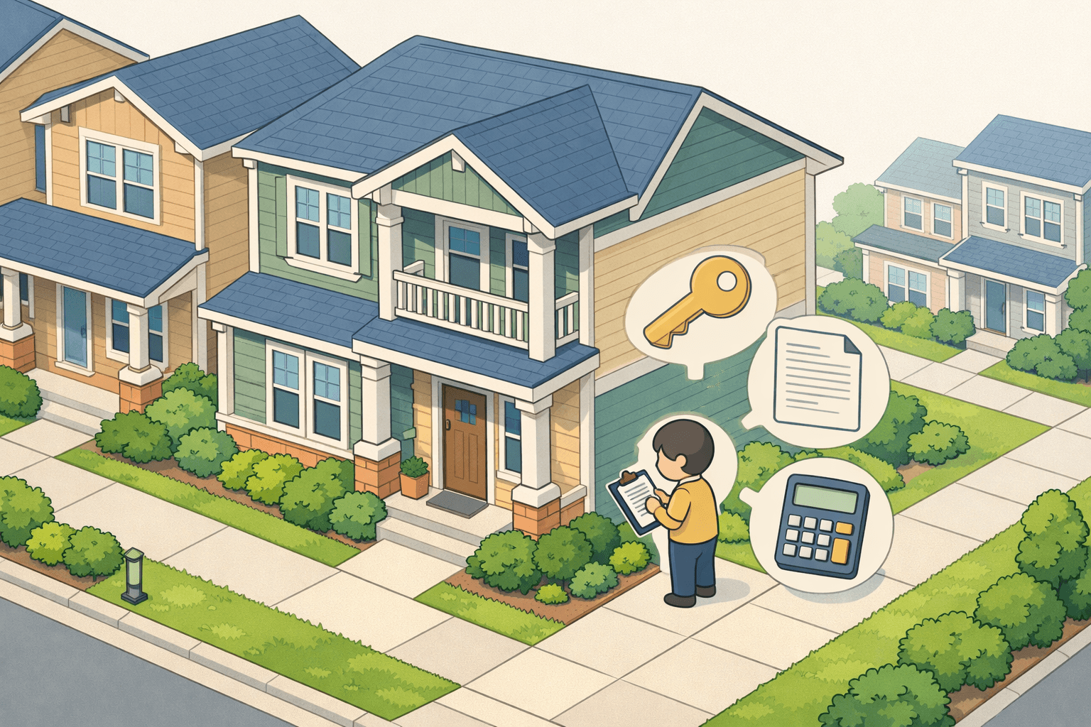 A townhome in an HOA community with a buyer reviewing closing documents near the front door