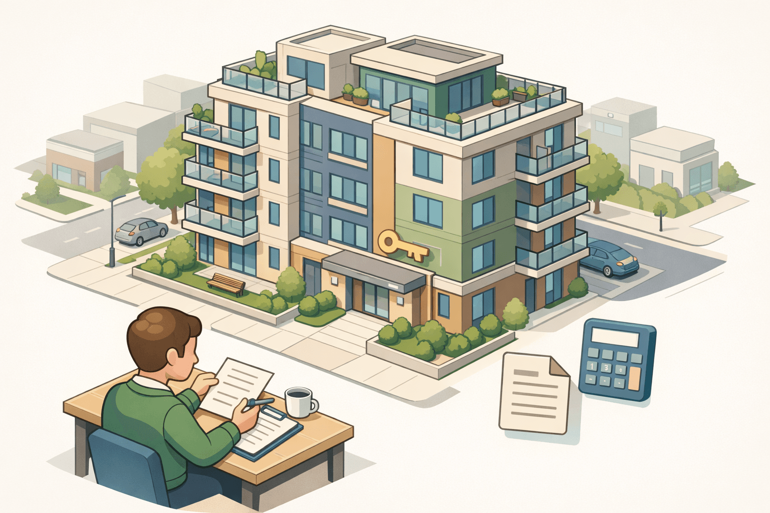 A modern condominium building with a small figure reviewing loan documents at a desk nearby and a floating calculator icon