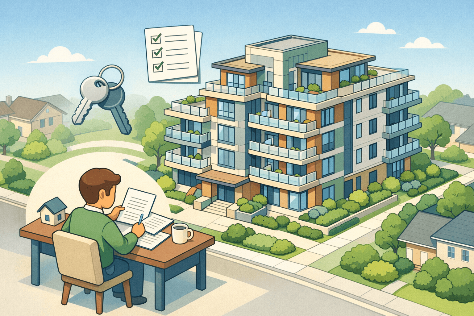 Isometric condo building with a buyer reviewing closing cost documents at a desk, key and calculator icons floating nearby