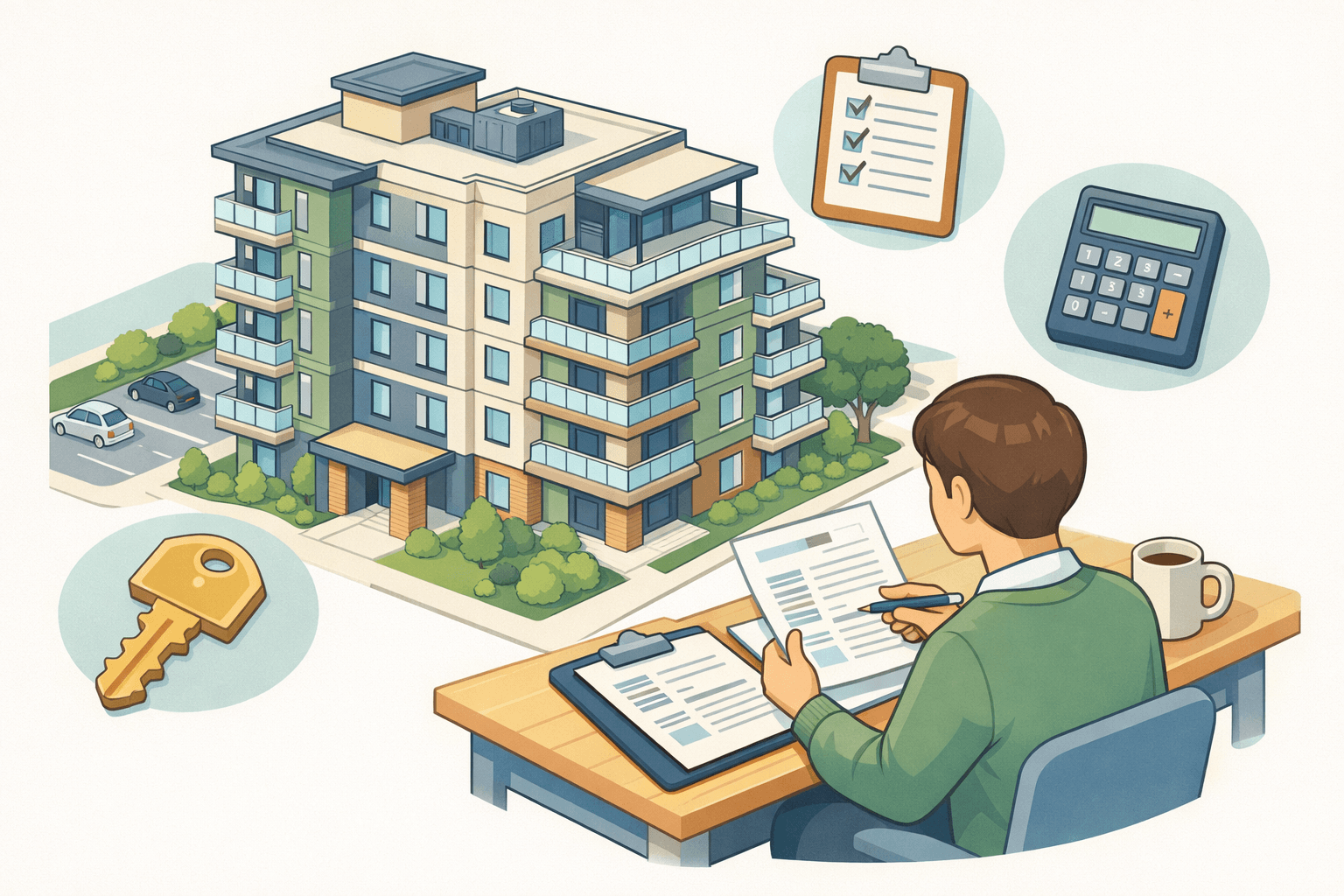 A person reviews FHA condo loan documents at a desk in front of a multi-story condominium building