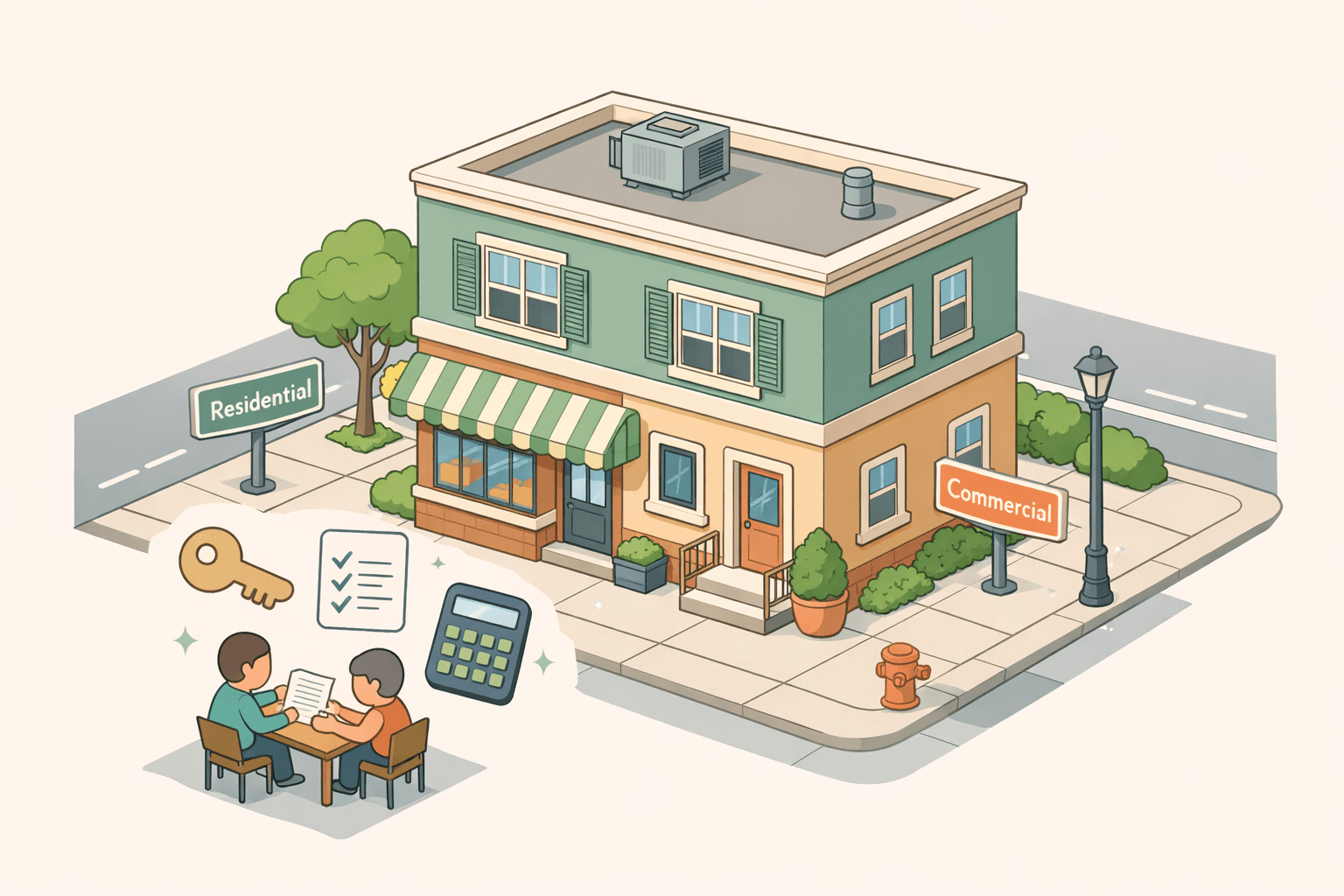 A duplex building with mixed-use zoning on a city street, with two people reviewing mortgage documents outside