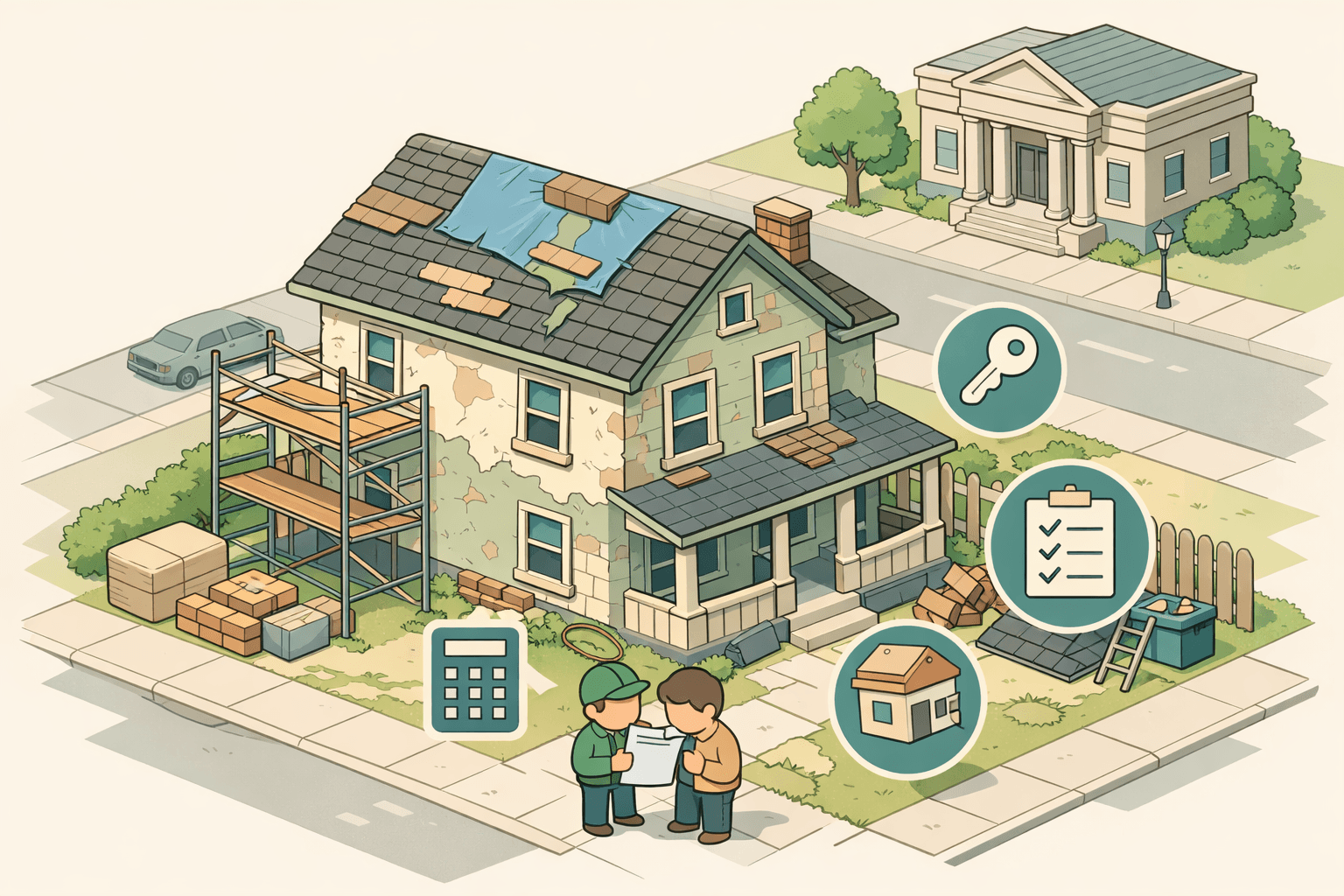 A fixer upper house with scaffolding and two small figures reviewing loan documents outside, with a bank visible in the background.