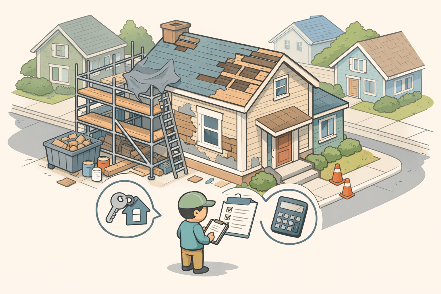 A fixer upper house under renovation with a small figure reviewing loan documents outside, surrounded by construction scaffolding
