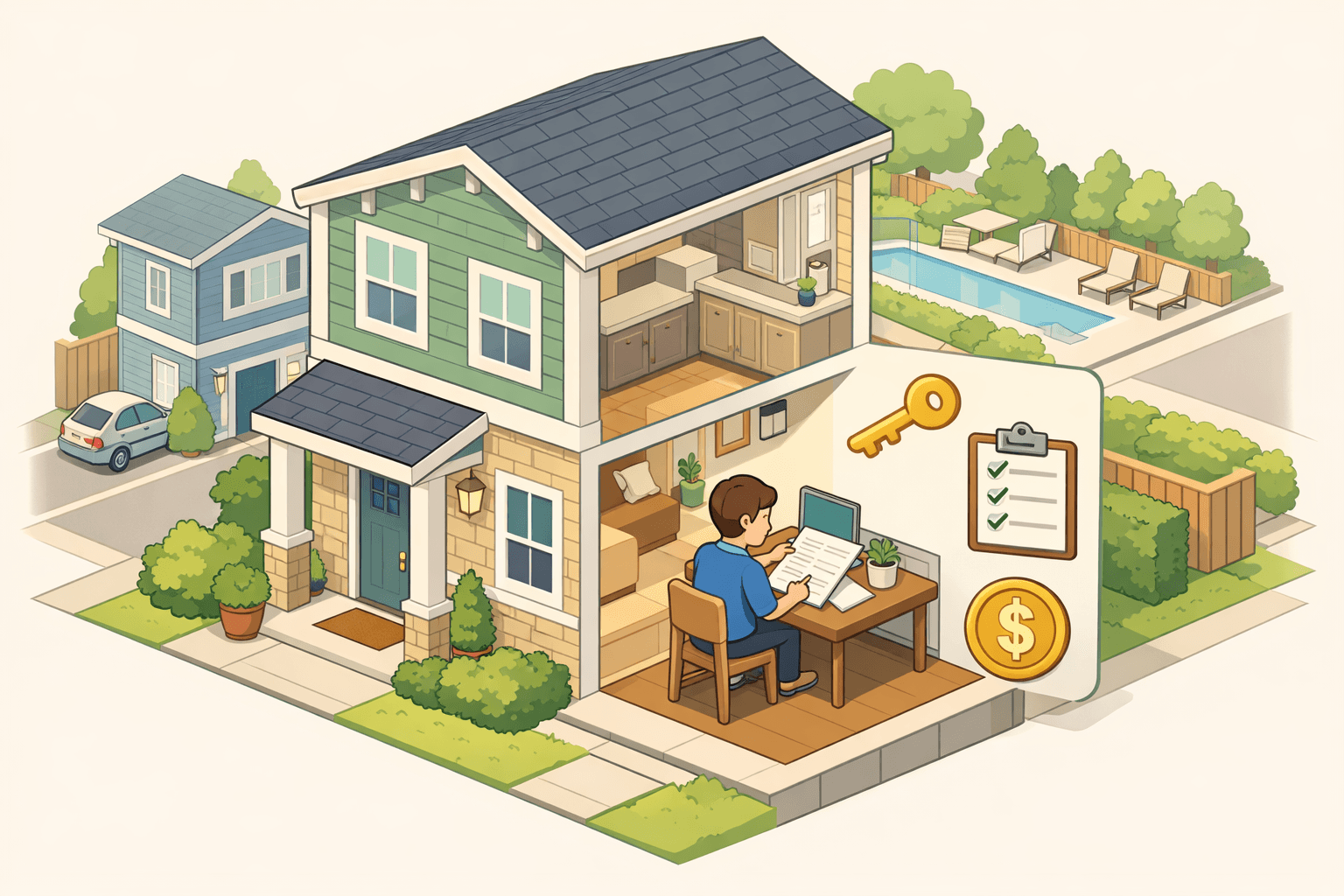 A townhome in an HOA community with a person reviewing closing cost documents at the entrance