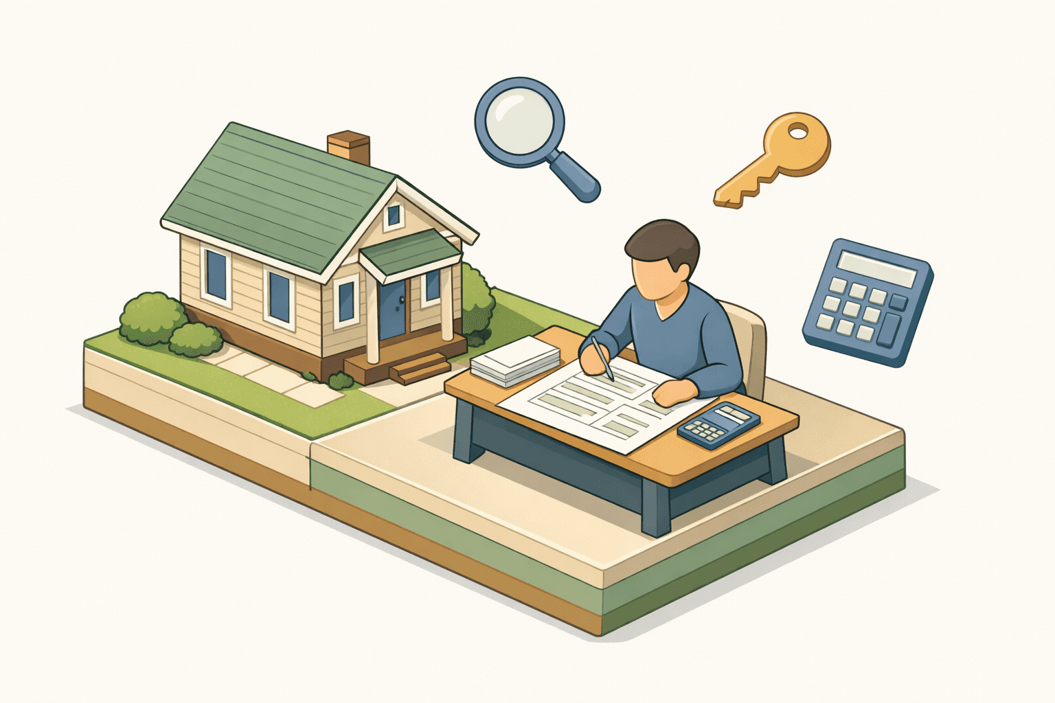 Homeowner reviewing FHA refinance closing cost documents beside a small house with calculator and key icons nearby