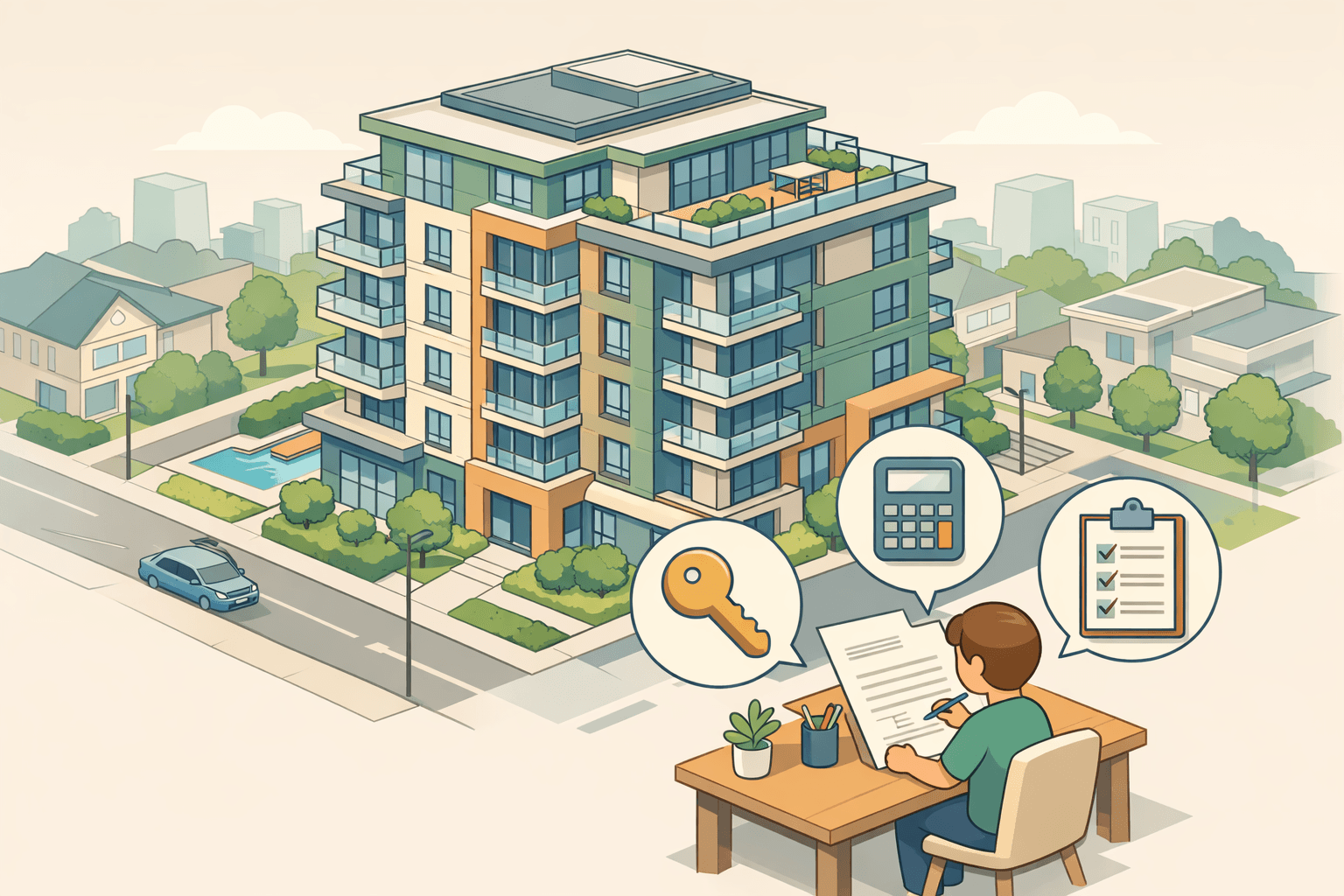 A modern condominium building with a person reviewing mortgage refinance documents at a desk nearby
