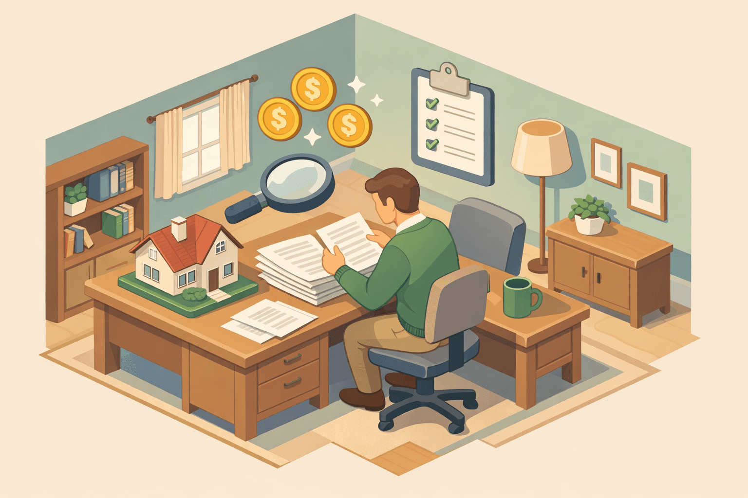Homeowner reviewing mortgage refinance closing cost documents at a desk with a small house model nearby