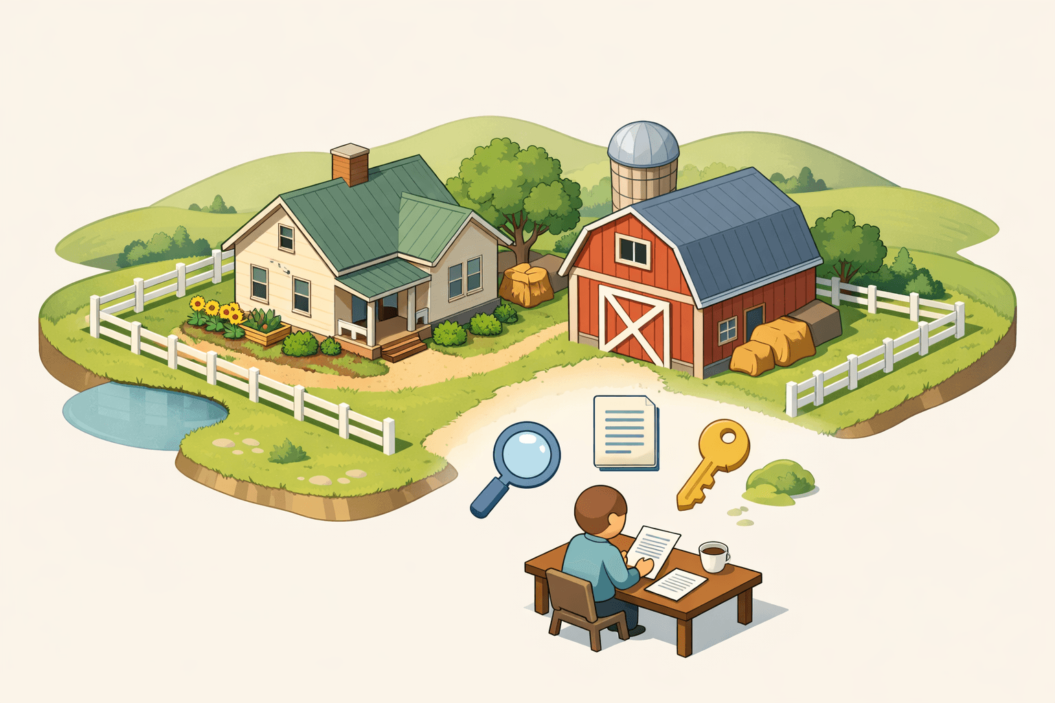 A rural farmhouse with a barn on open land, representing a USDA farm loan property purchase and closing process.