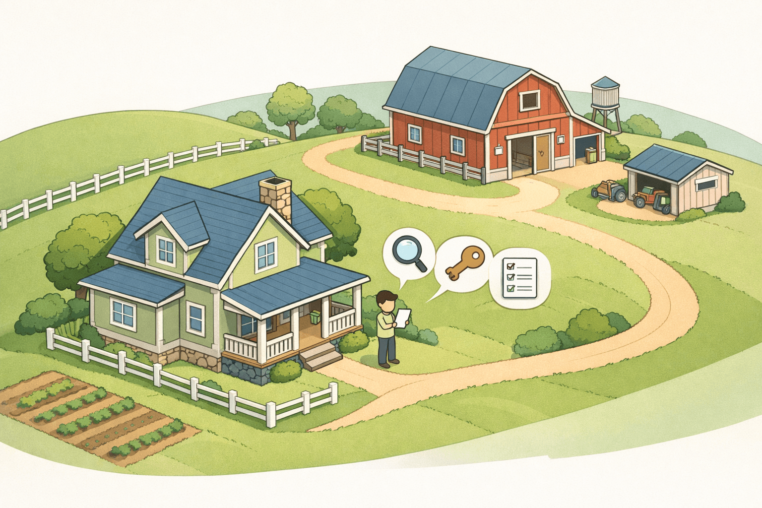 Isometric rural farmhouse with barn and outbuildings on a hillside, representing a USDA loan property purchase