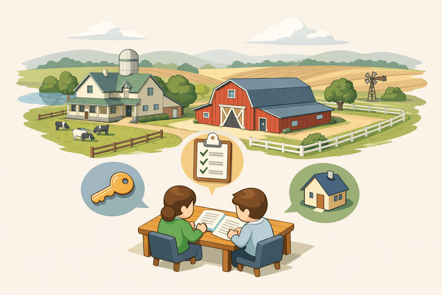 Isometric illustration of a rural farmhouse with barn and pastureland as a couple reviews loan documents nearby