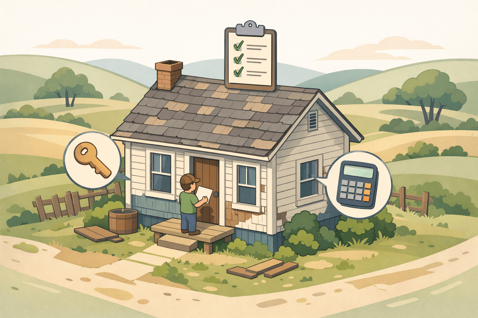 A small rural fixer upper home with a person reviewing closing documents outside, surrounded by rolling countryside hills.