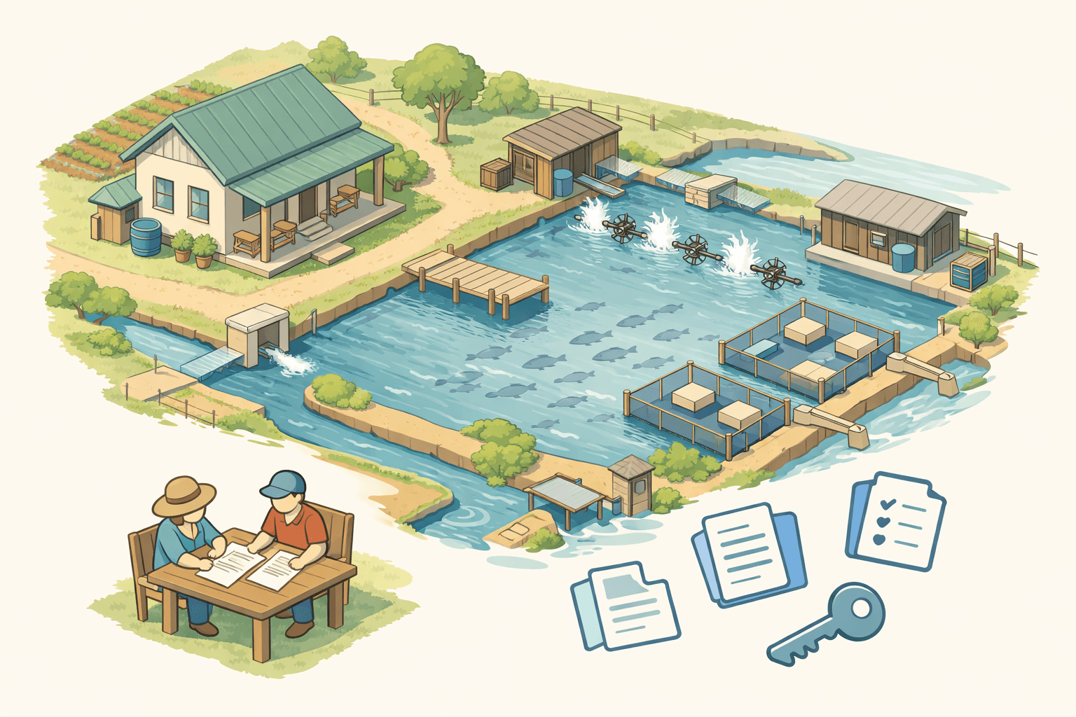 A rural property with a farmhouse and aquaculture fish ponds shown in a peaceful countryside setting