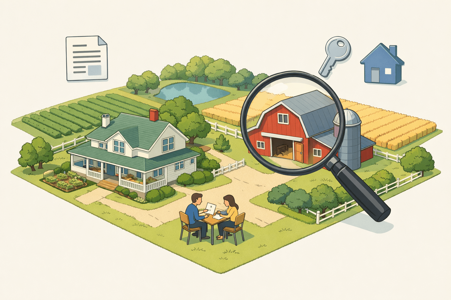 Isometric rural property with farmhouse, barn, and acreage fields with two small figures reviewing loan documents outside