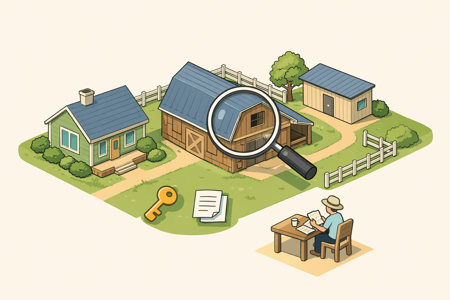 Rural property with a house, barn, and storage building shown from an isometric view with a document and key icon nearby