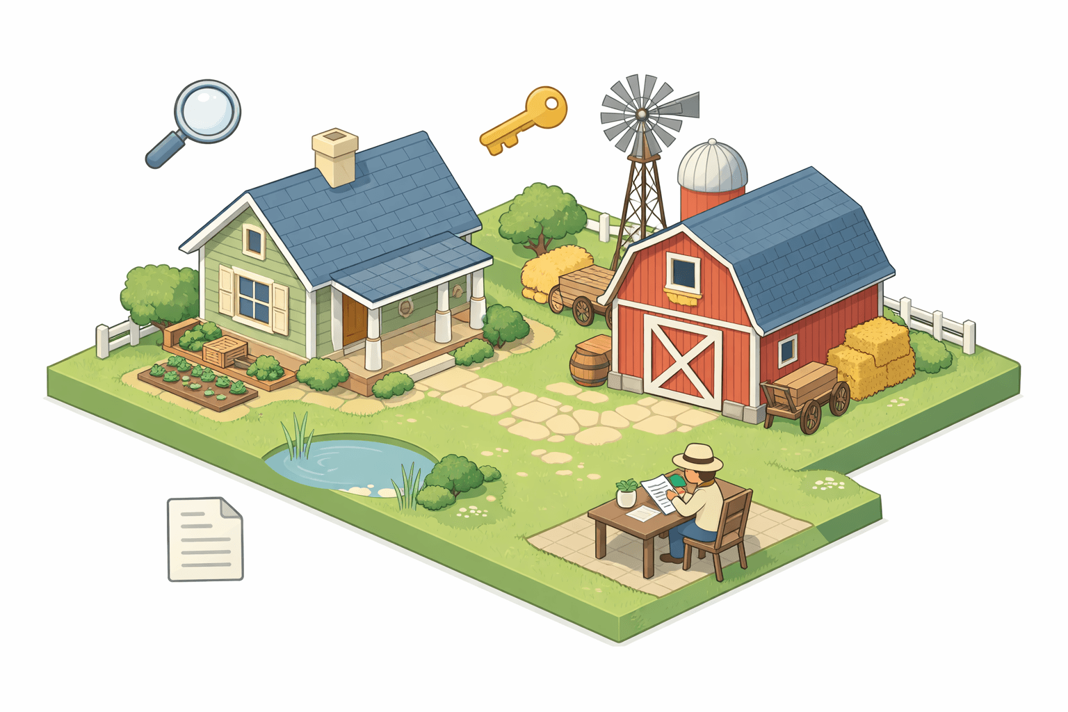 Isometric rural homestead with a house and barn on a green property parcel, small figure reviewing loan documents nearby