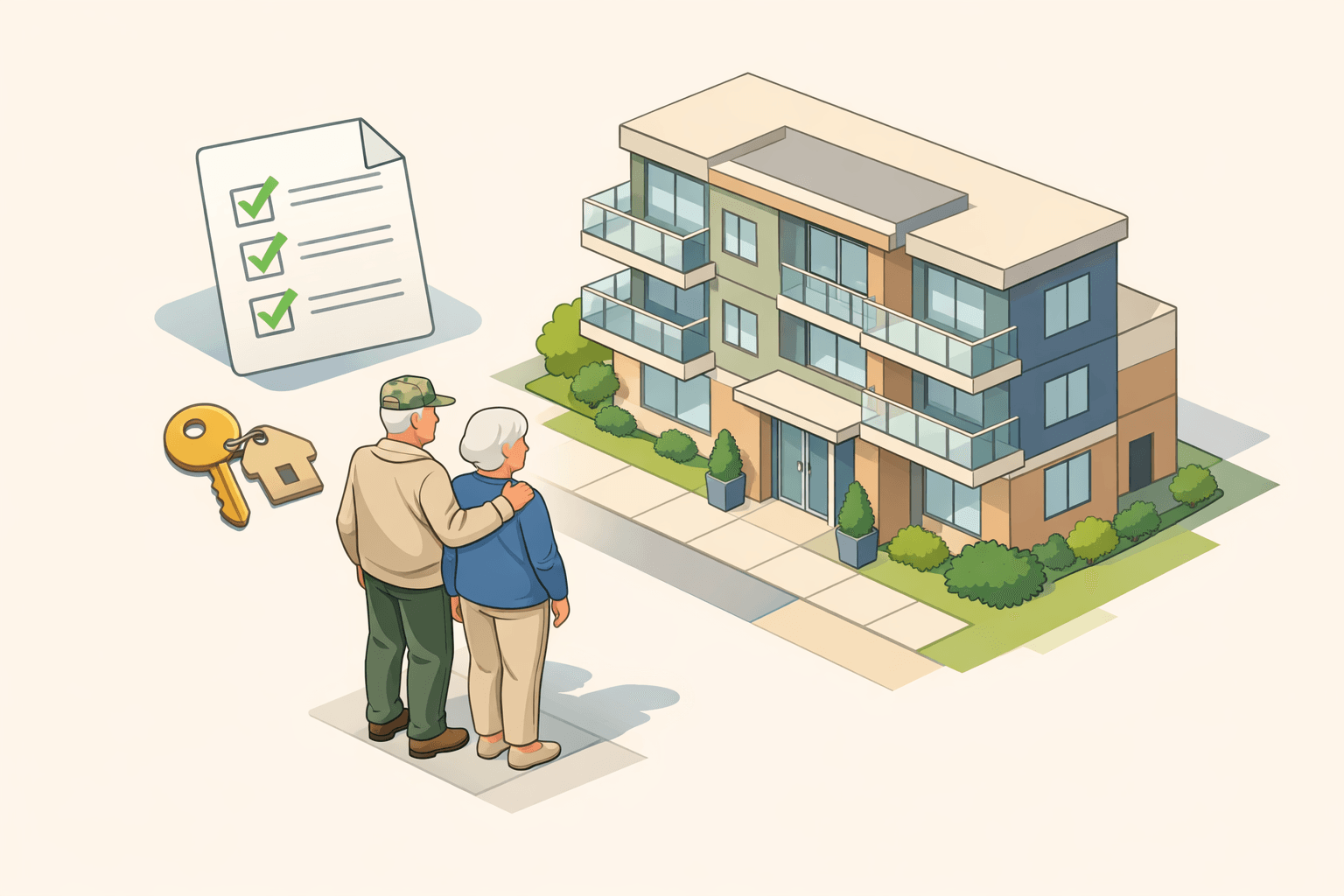 A veteran couple reviewing closing documents outside a modern condo building with HOA signage nearby