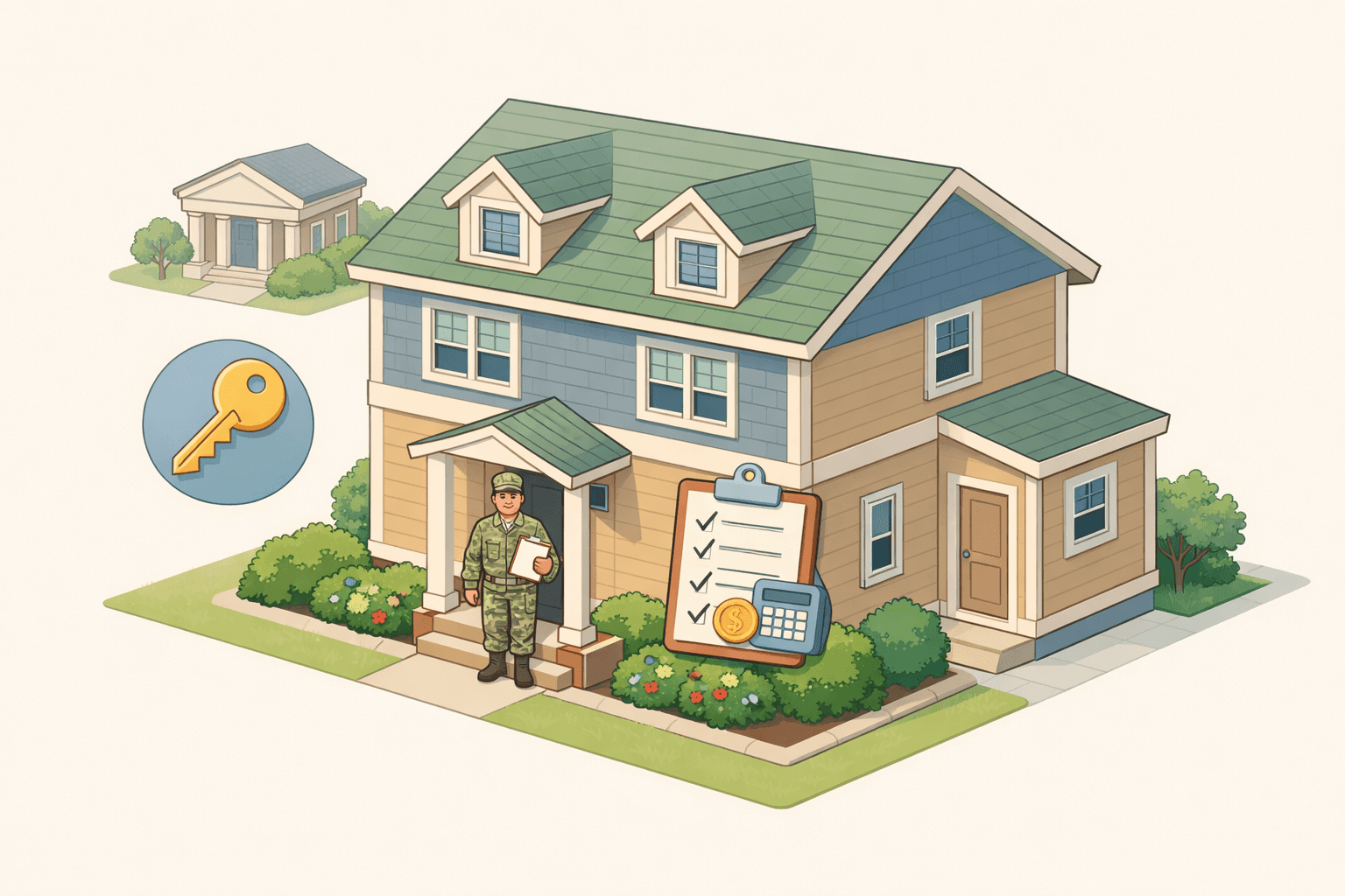 A veteran reviewing closing documents outside a duplex property with a lender building in the background