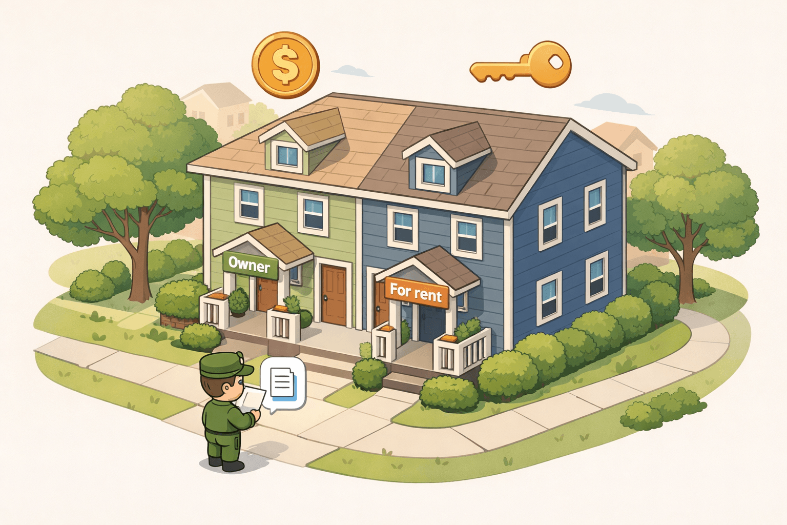 A duplex home with two separate entrances in a quiet neighborhood, representing a VA loan purchase with an owner-occupied unit.