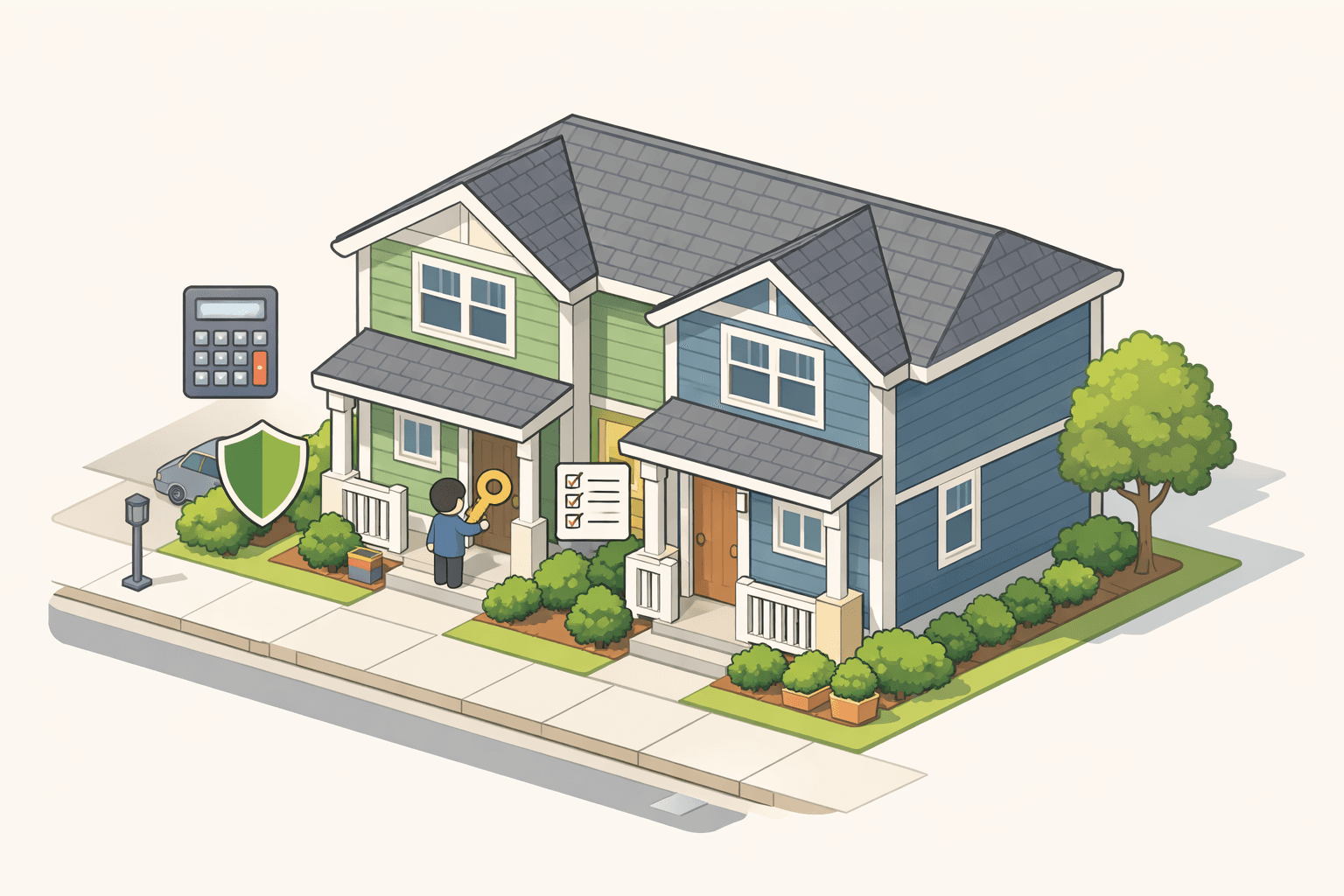 A two-unit duplex home on a residential street with a key icon and closing document, representing a VA loan duplex purchase.