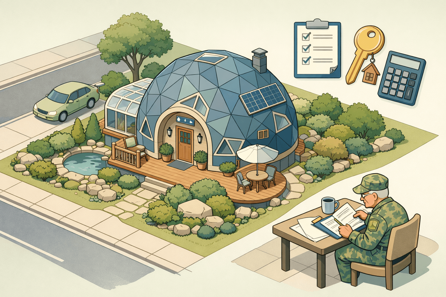 A geodesic dome home on a residential lot with a veteran reviewing loan documents at a nearby table
