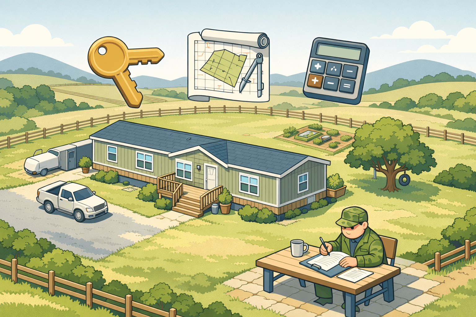 A manufactured home on a rural acreage property with a veteran reviewing loan documents at an outdoor table nearby.