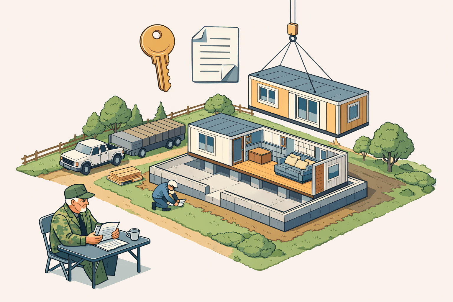 A modular home on a land parcel with a veteran reviewing closing documents at a nearby table
