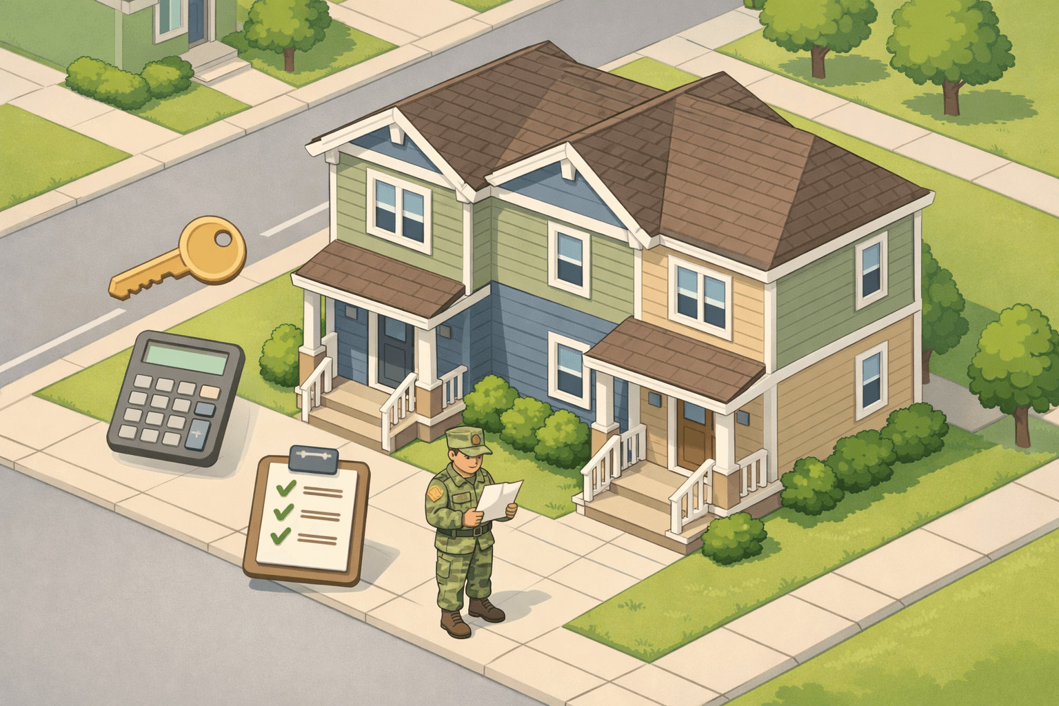 A veteran reviewing closing cost documents outside a duplex property with a key and checklist nearby.