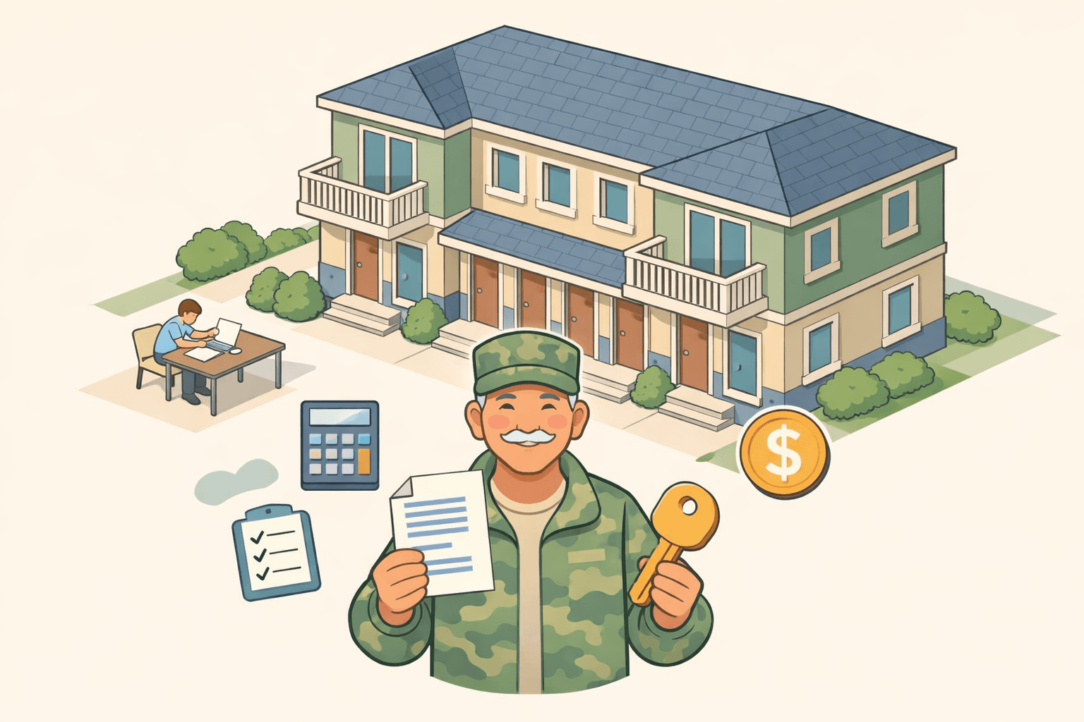 A veteran homeowner standing outside a multi-family property holding closing documents and a house key