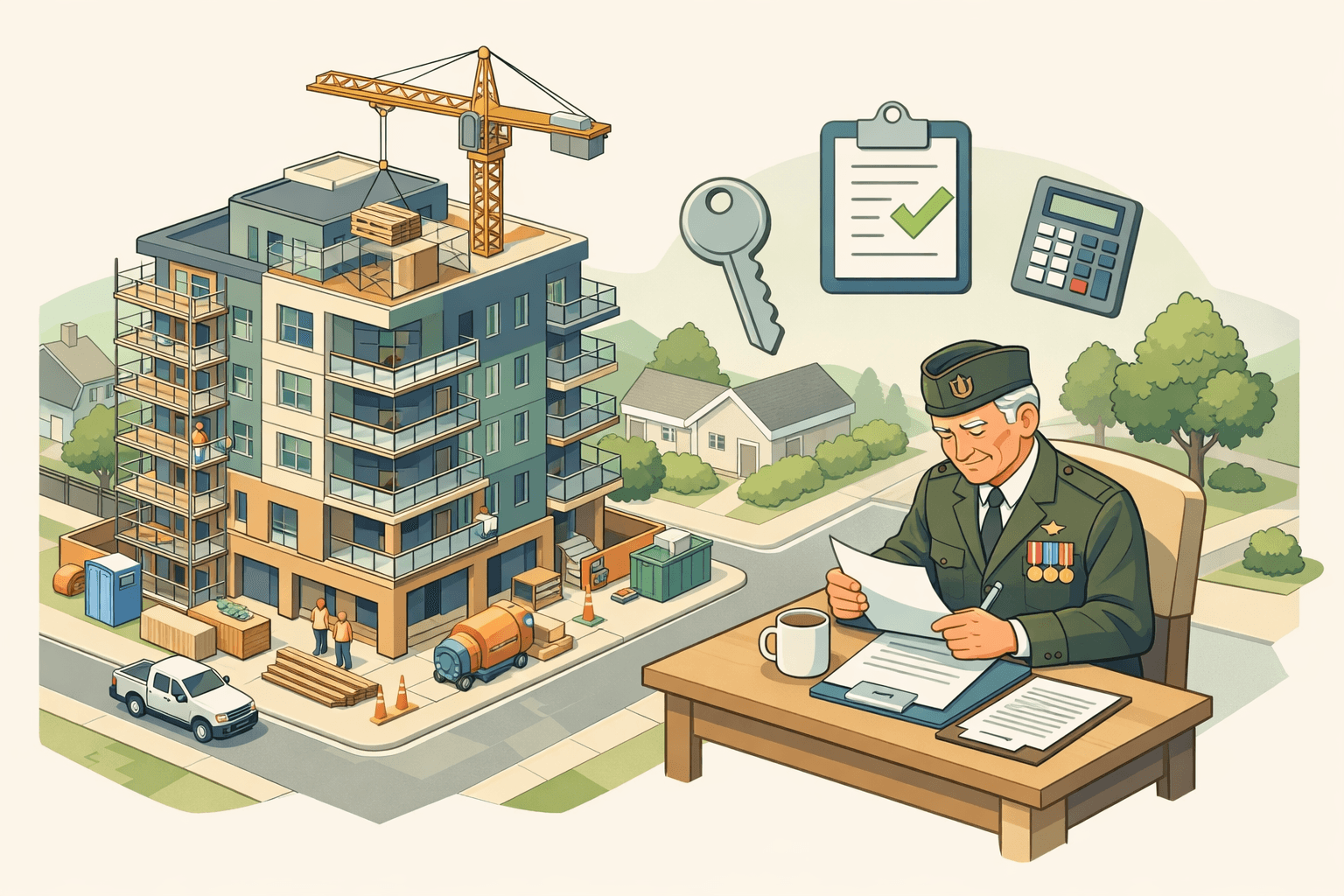 A veteran reviewing closing documents at a desk near a newly built condo building with keys and paperwork nearby