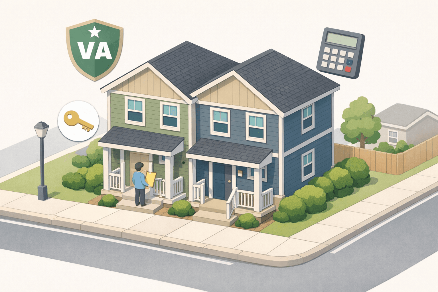 A duplex property on a residential street with a veteran buyer reviewing loan documents near the front entrance.