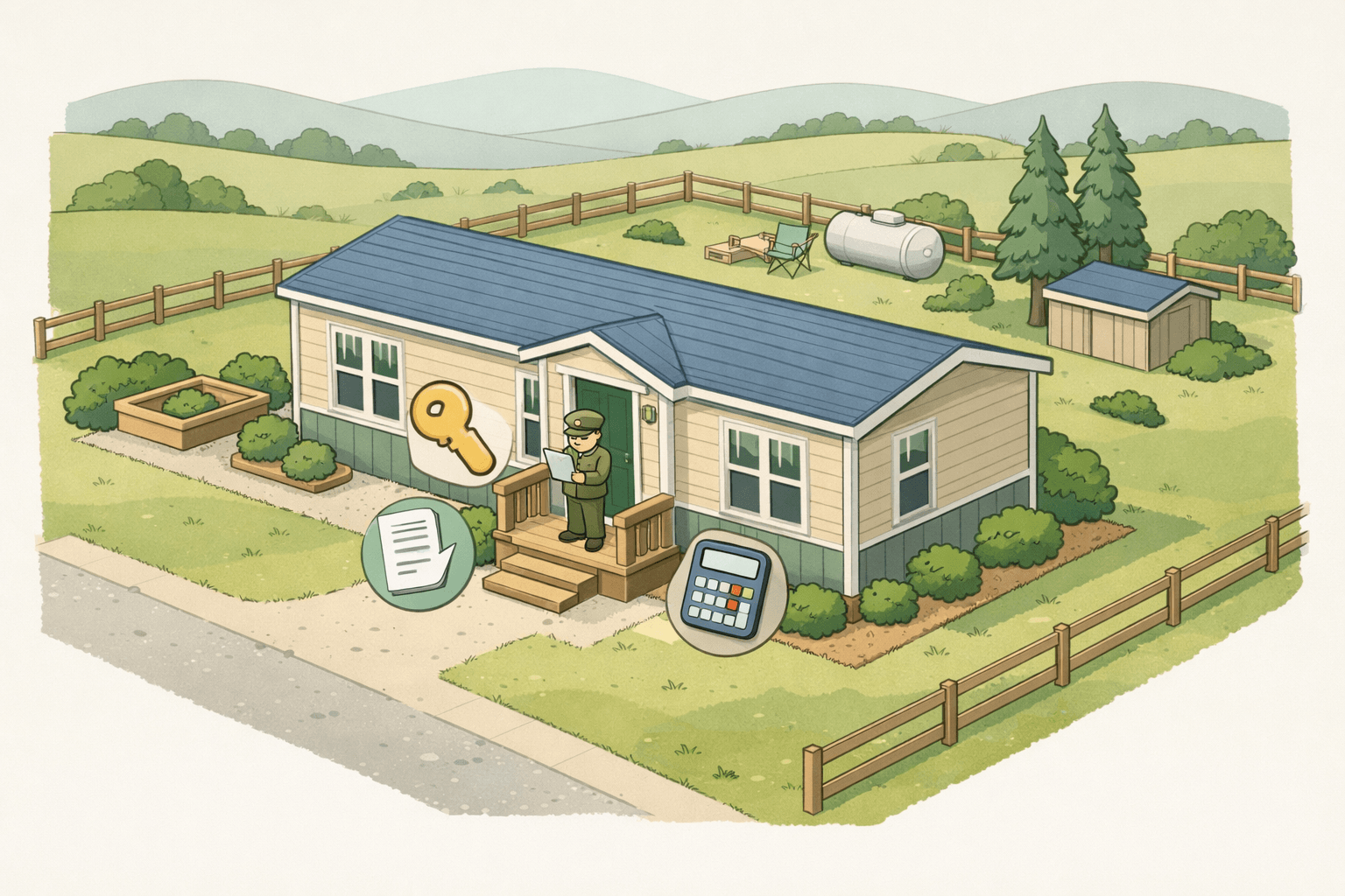A manufactured home on a large parcel of land with a veteran reviewing closing documents at the front entrance
