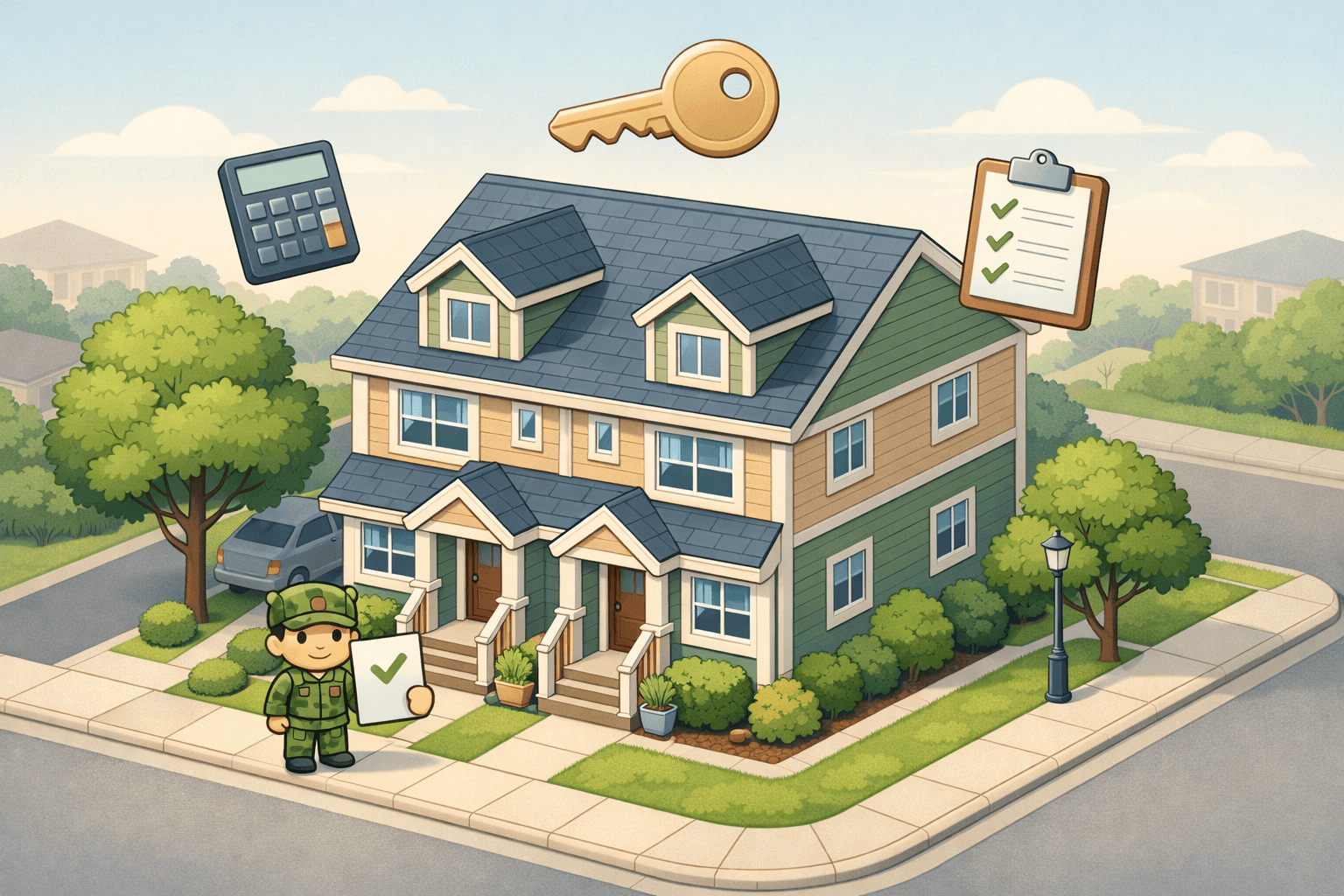 A veteran reviewing closing cost documents outside a multi-family duplex property with a key in hand