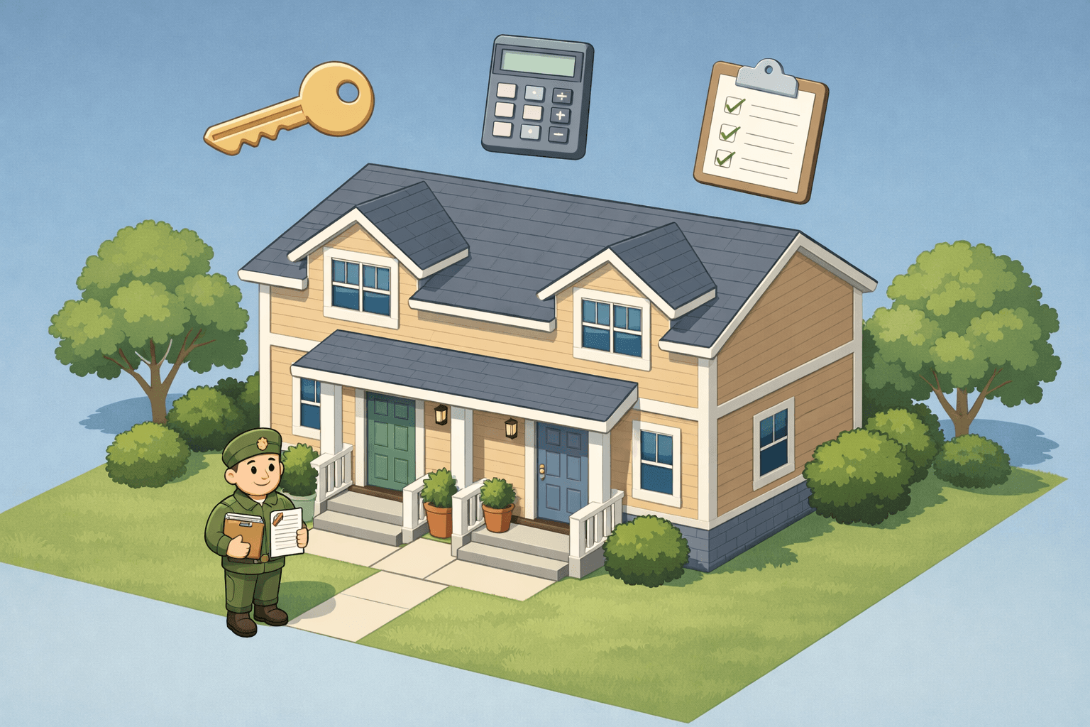 Isometric view of an owner-occupied duplex with a veteran reviewing loan documents near the front entrance