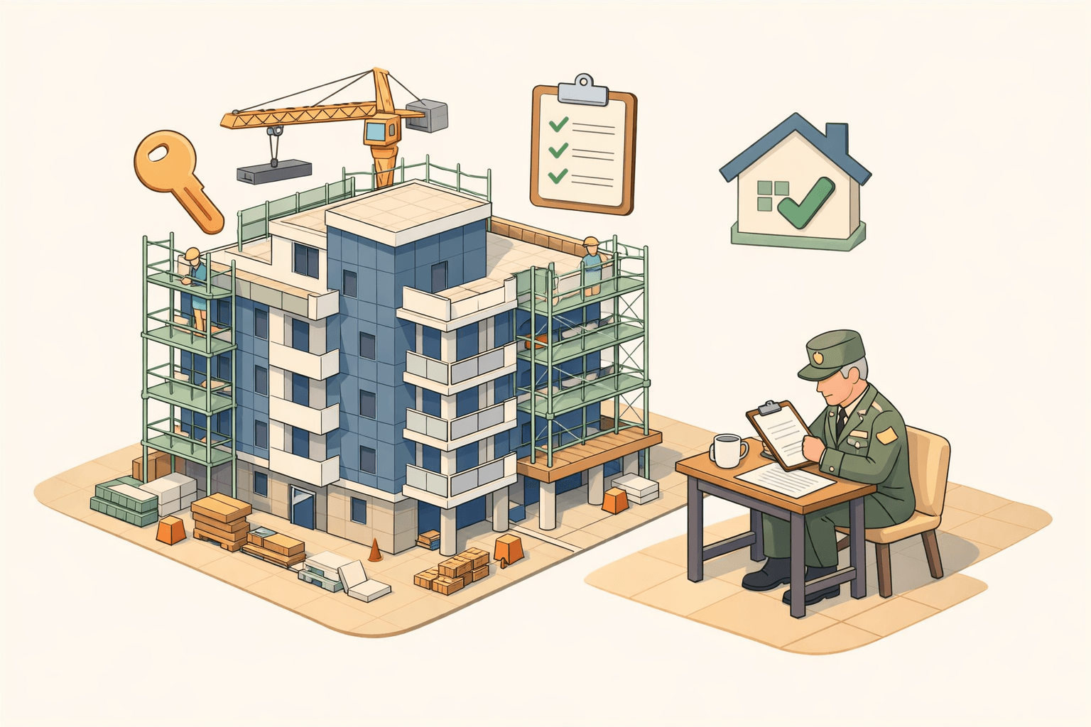 A new construction condominium building with a veteran reviewing loan documents at a nearby desk and floating key and checklist icons
