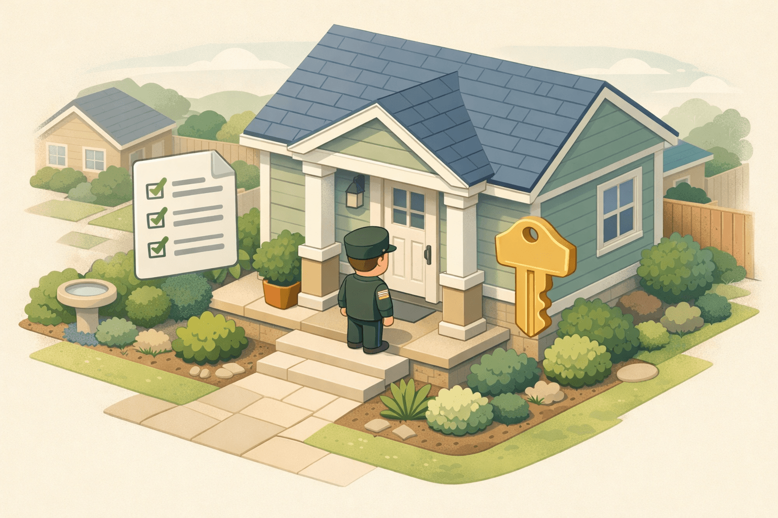 A veteran homebuyer reviewing closing documents outside a suburban home with a key and checklist nearby