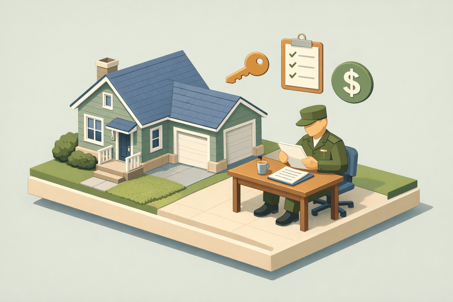 A veteran reviews mortgage refinance documents beside a small house with floating cost and key icons overhead
