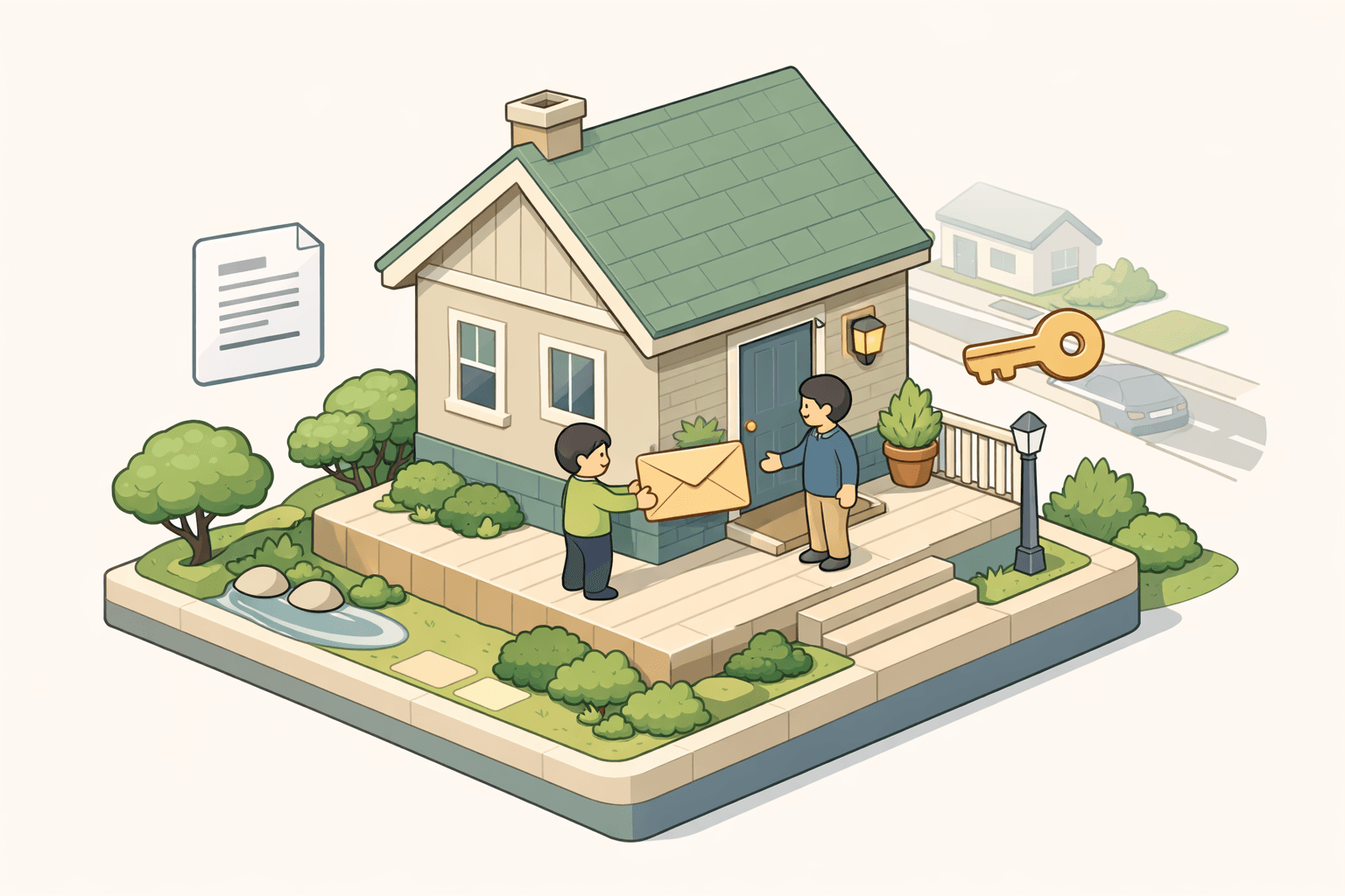 A person handing an envelope of gift funds to a homebuyer standing outside a house with a for sale sign