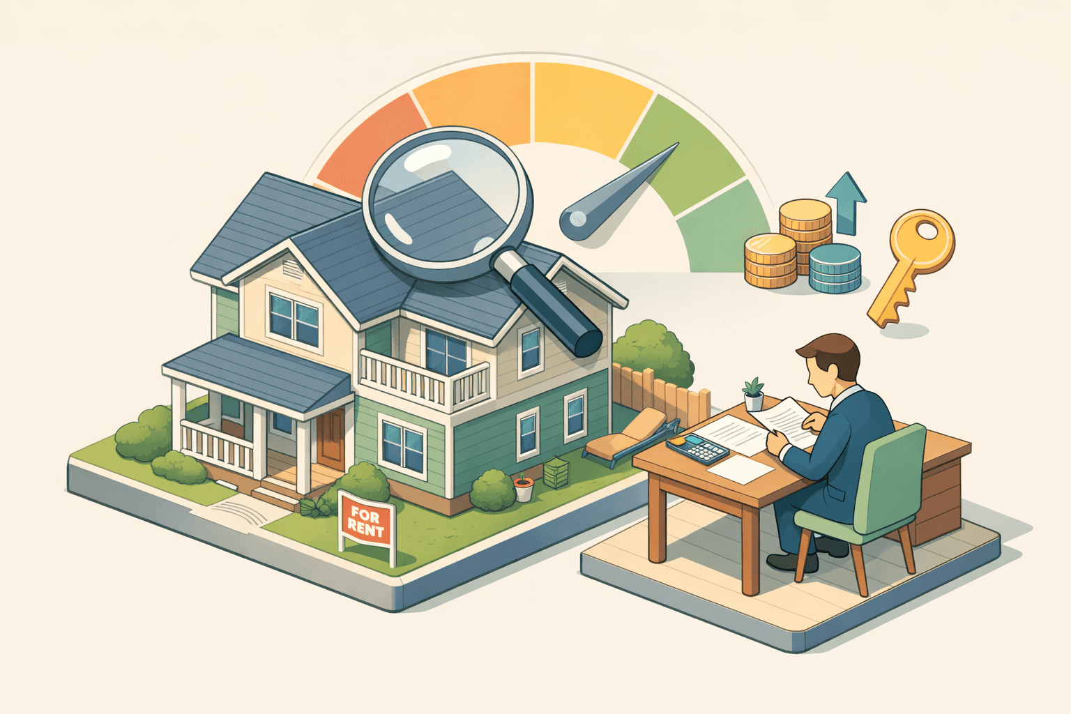 An investor reviews documents beside a rental property with floating equity and key icons in a pastel isometric scene.