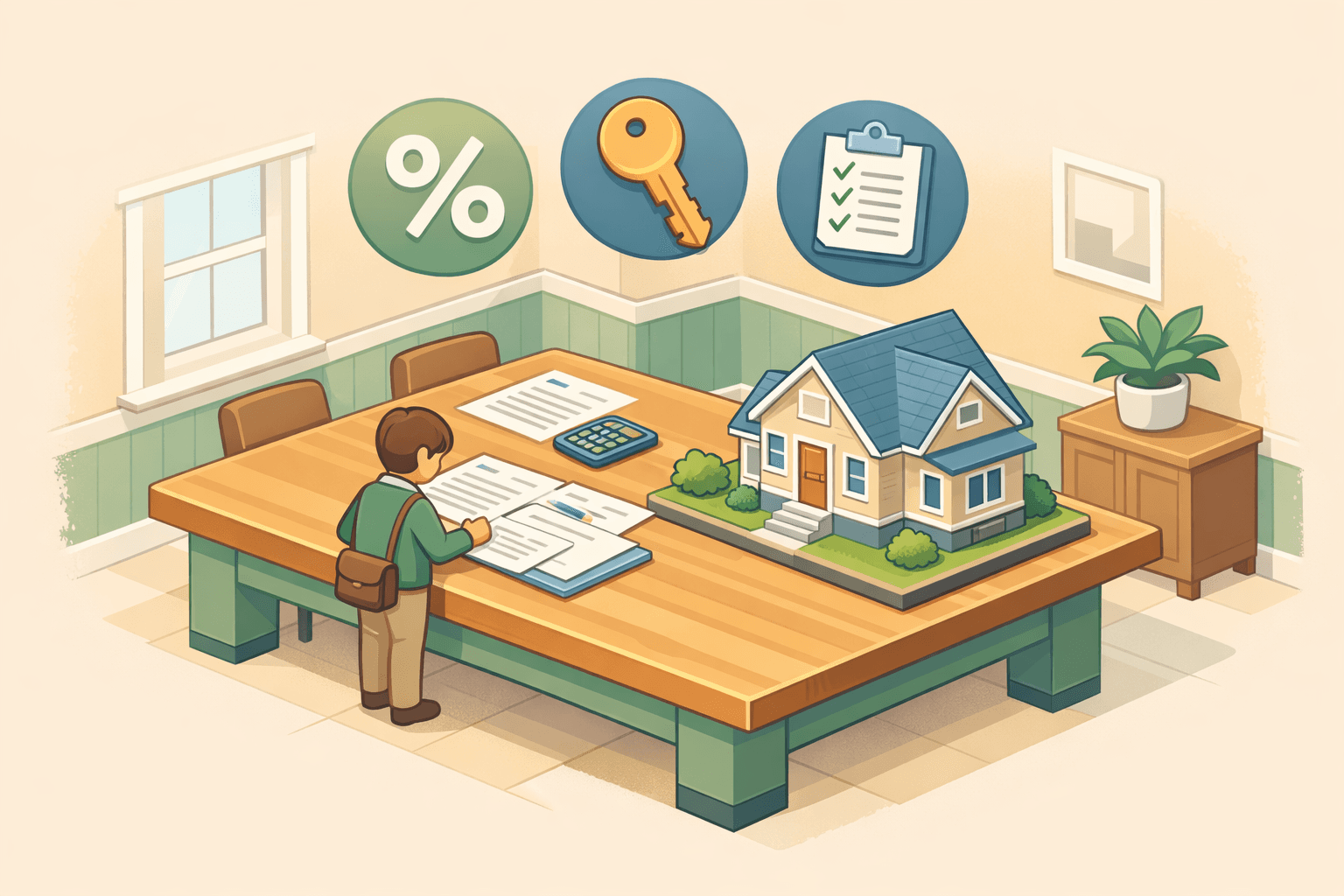 Homebuyer reviewing mortgage closing documents at a table with a house and key icons nearby