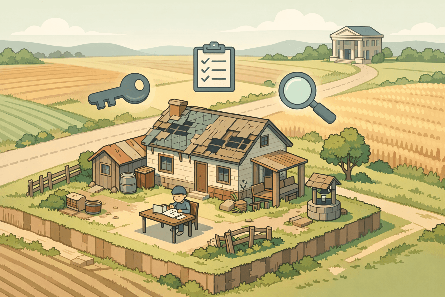A rural fixer-upper home surrounded by open land with document and key icons representing a USDA loan closing process.