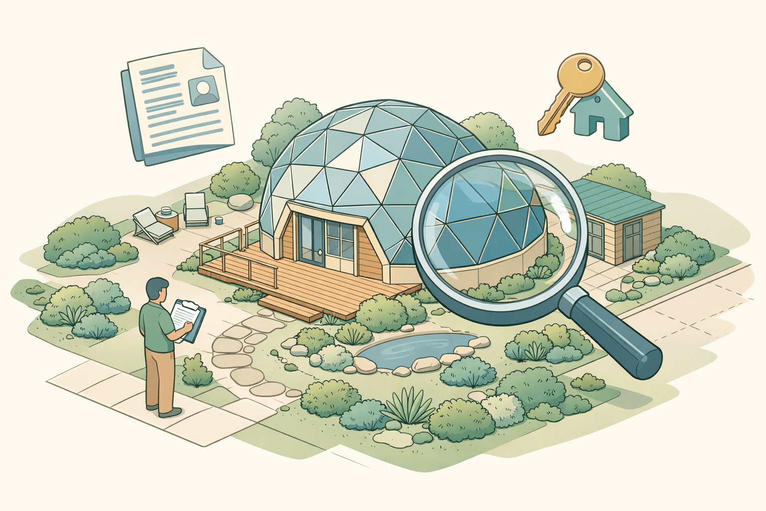 A geodesic dome home on a grassy lot with a person reviewing loan documents outside near a floating key icon