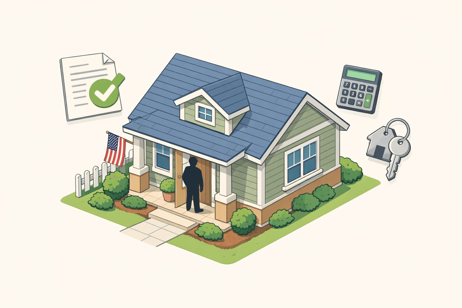 A veteran homebuyer standing at the door of a suburban home with closing documents and a house key nearby