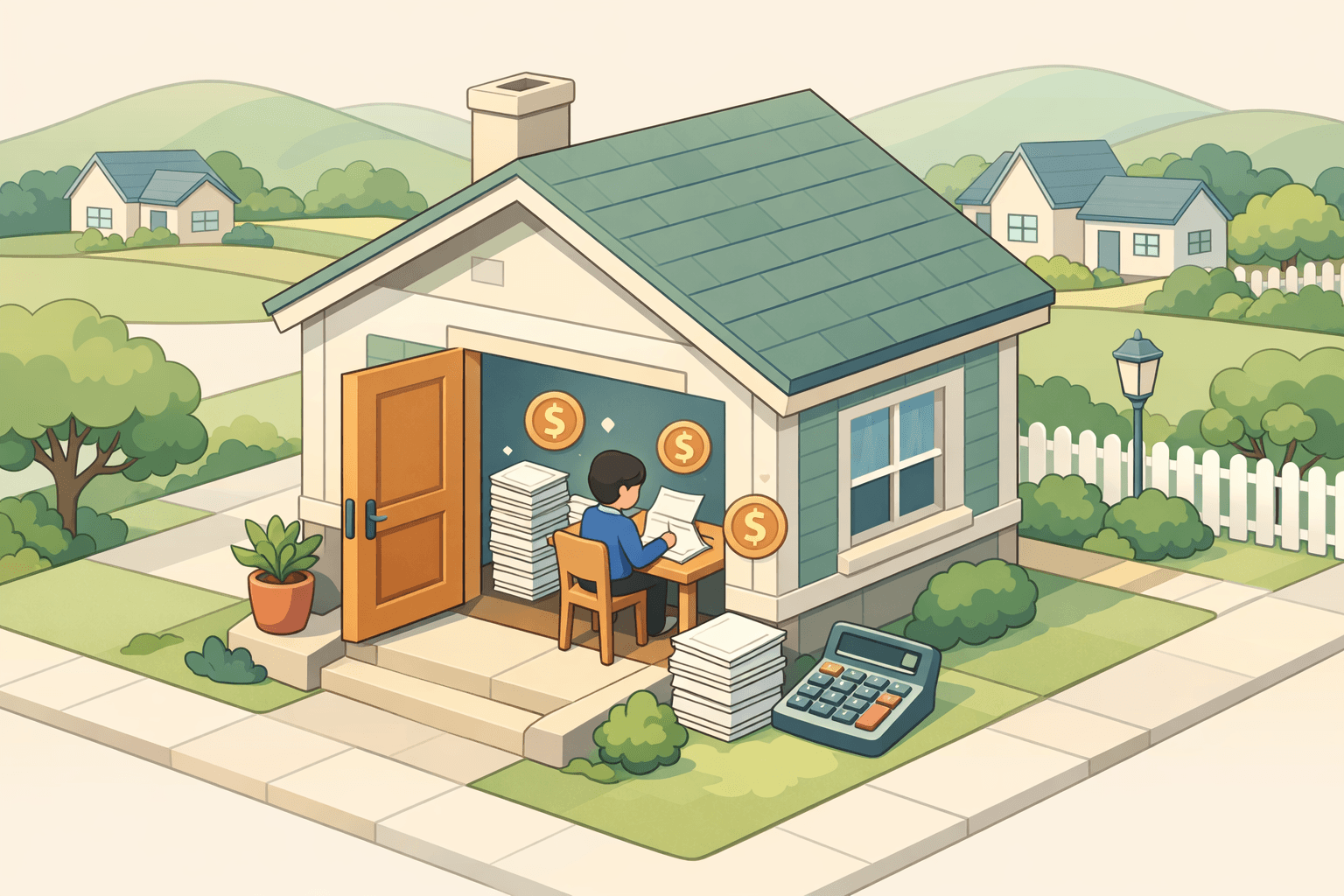 A homebuyer reviews closing cost documents at a desk beside a small house model and a calculator