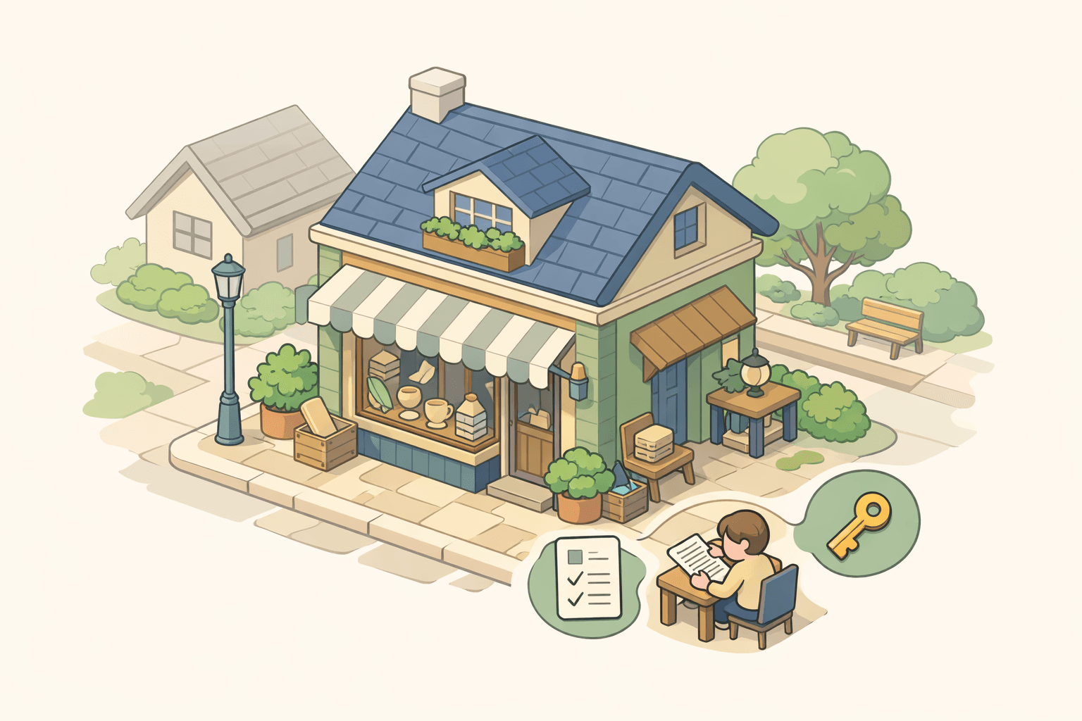 A small artisan workshop storefront with a tiny figure reviewing loan documents at a desk inside a cozy craft studio.